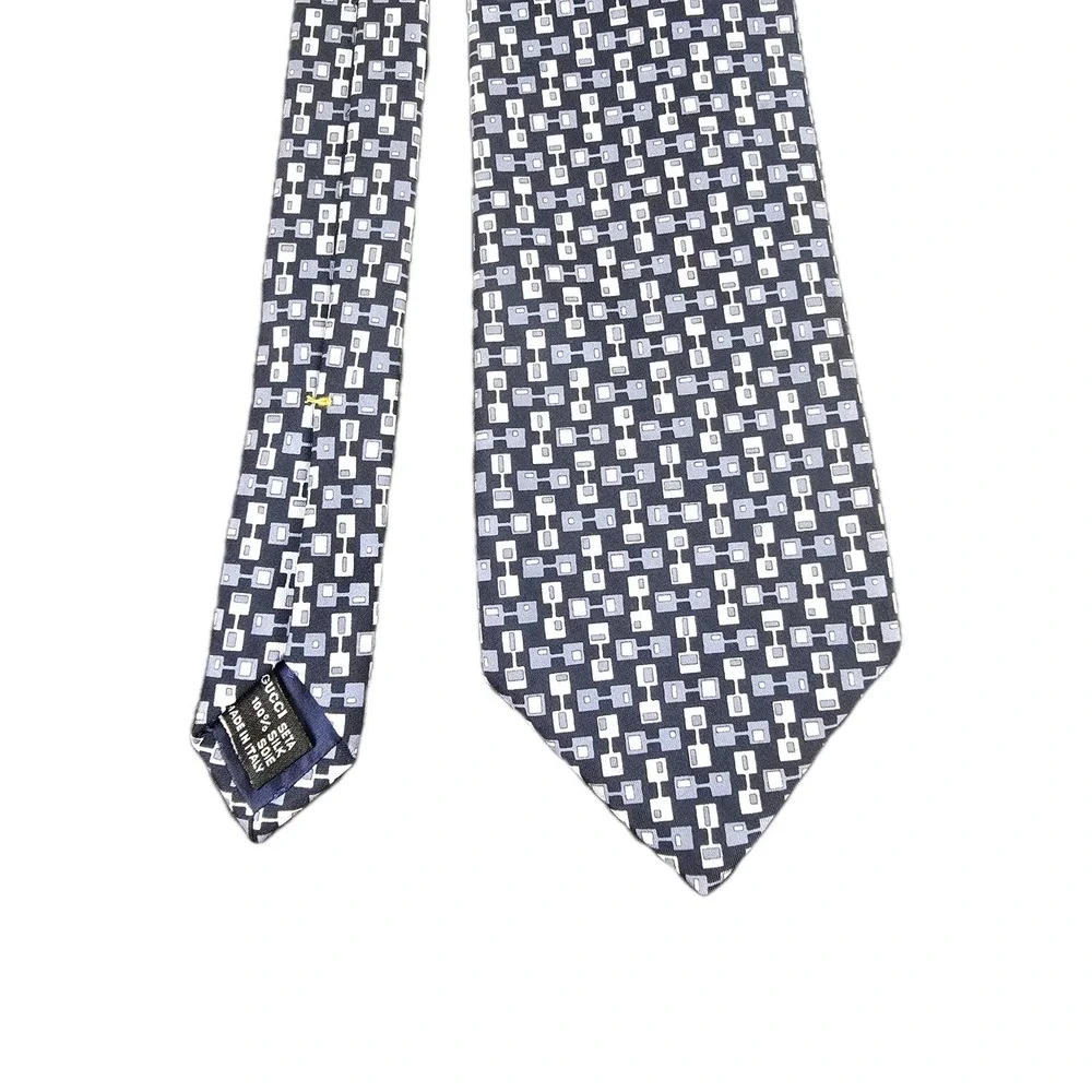 Gucci Silk Tie Made in Italy – Navy Blue MCM Geometric Square Pattern 3.5